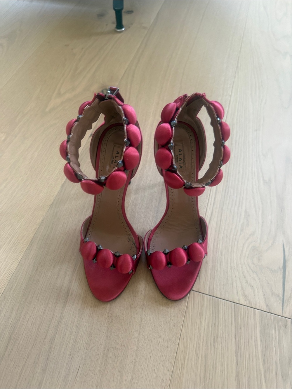 Alaia Pink Padded-Bead Ankle-Strap Heels